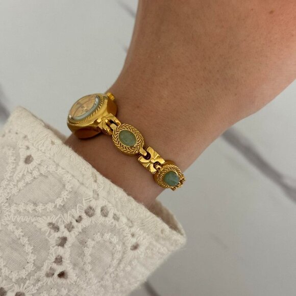 Sku 0439 cute gold mini watch bracelet with green natural stone inserts - Picture 4 of 7